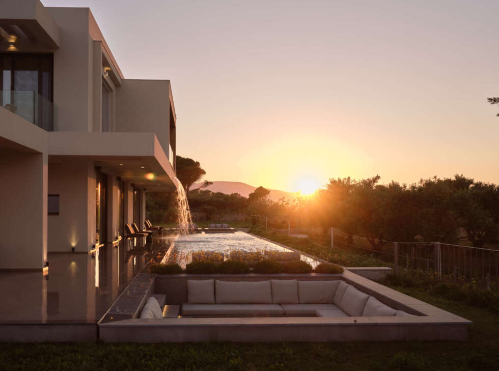 Sensory pool elements, featuring a spacious BBQ space and iconic lounge settings by the pool. Sensory pool elements, featuring a spacious BBQ space and iconic lounge settings by the pool.